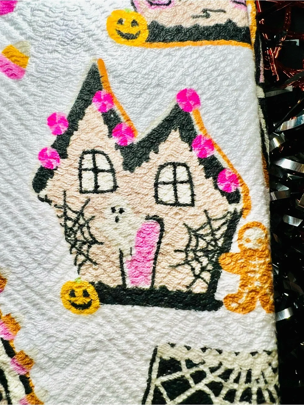 3 Halloween Gingerbread Cottage House Kitchen Towels Ghost Bat Cookies Candy